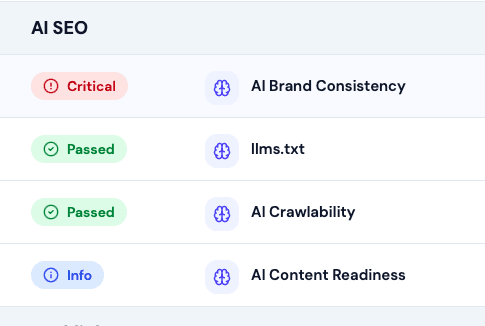 SEOHACK.AI AI SEO dashboard showing AI search readiness, entities and AI visibility insights